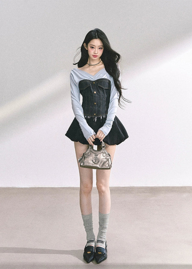 korean denim corset top, korean v neck long sleeve top, denim patchwork streetwear, korean hot girl outfit, trendy korean fall top, slim fit waist denim blouse, korean chic denim fashion, seoul style crop top women, off shoulder denim top korea, denim corset long sleeve women, modern korean streetwear top, korean aesthetic denim blouse, kfashion autumn top, urban denim streetwear outfit, korean stylish denim corset