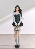 korean denim corset top, korean v neck long sleeve top, denim patchwork streetwear, korean hot girl outfit, trendy korean fall top, slim fit waist denim blouse, korean chic denim fashion, seoul style crop top women, off shoulder denim top korea, denim corset long sleeve women, modern korean streetwear top, korean aesthetic denim blouse, kfashion autumn top, urban denim streetwear outfit, korean stylish denim corset