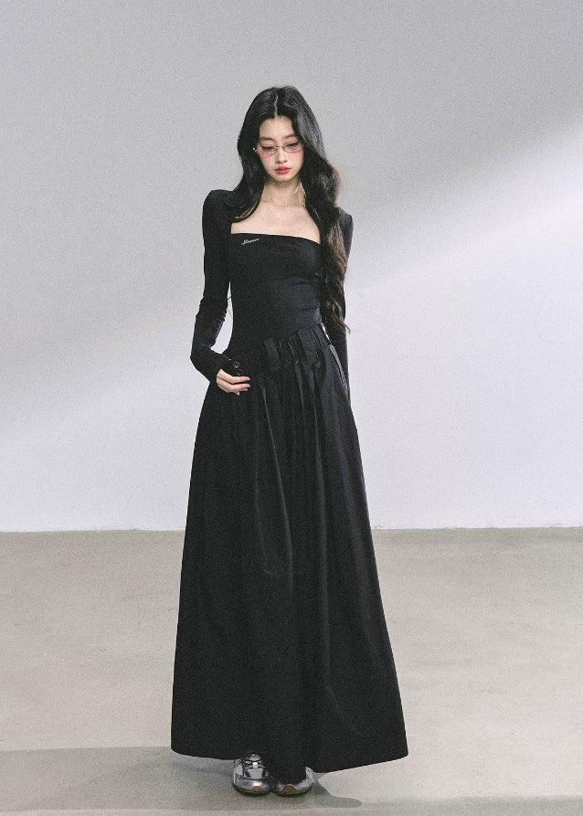 korean long dress, french hepburn maxi dress, korean fashion long sleeve dress, elegant black gown, autumn maxi dress women, waist slimming long skirt, seoul style formal dress, korean elegant outfit 2025, black hepburn style dress, feminine long sleeve maxi, korean boutique dress, chic minimalist maxi, classy black evening dress, elegant korean clothing, nom alm dress
