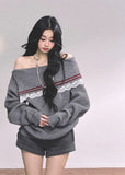 off shoulder knit sweater women, preppy lace sweater, british style grey knit, slanted shoulder knit top, loose winter pullover, fw25 preppy knit, lace inset sweater, american preppy sweater women, gray off shoulder top