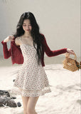 aomalm floral dress, floral slip dress set, korean feminine dress, french style mini dress, lace trim slip dress, cardigan and dress set, romantic summer dress, floral mini dress women, korean summer outfit, cute floral dress, feminine vacation dress, lace floral dress