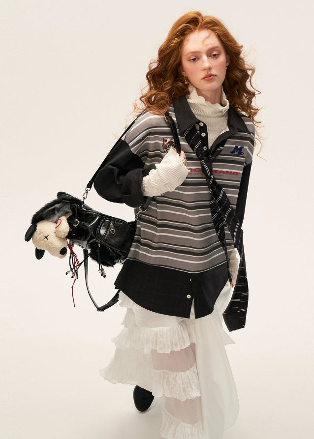 vintage patchwork striped polo, retro long sleeve polo women, loose fall lapel top 2025, striped patchwork shirt female, korean street polo top, casual retro long sleeve t shirt, autumn vintage stripe top women, relaxed fit polo shirt outfit, nowa tokyo street fashion