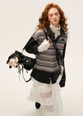 vintage patchwork striped polo, retro long sleeve polo women, loose fall lapel top 2025, striped patchwork shirt female, korean street polo top, casual retro long sleeve t shirt, autumn vintage stripe top women, relaxed fit polo shirt outfit, nowa tokyo street fashion