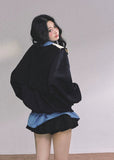 oversize sweatshirt women, layered polo sweatshirt, fake two piece top, Korean preppy style top, American college style pullover, fall winter oversized top, blue layered sweatshirt, preppy polo collar top, Korean fashion women tops, streetwear layered sweatshirt, oversized polo sweater, womens autumn casual tops