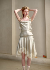 Pearl satin two-piece set with lace-hem skirt