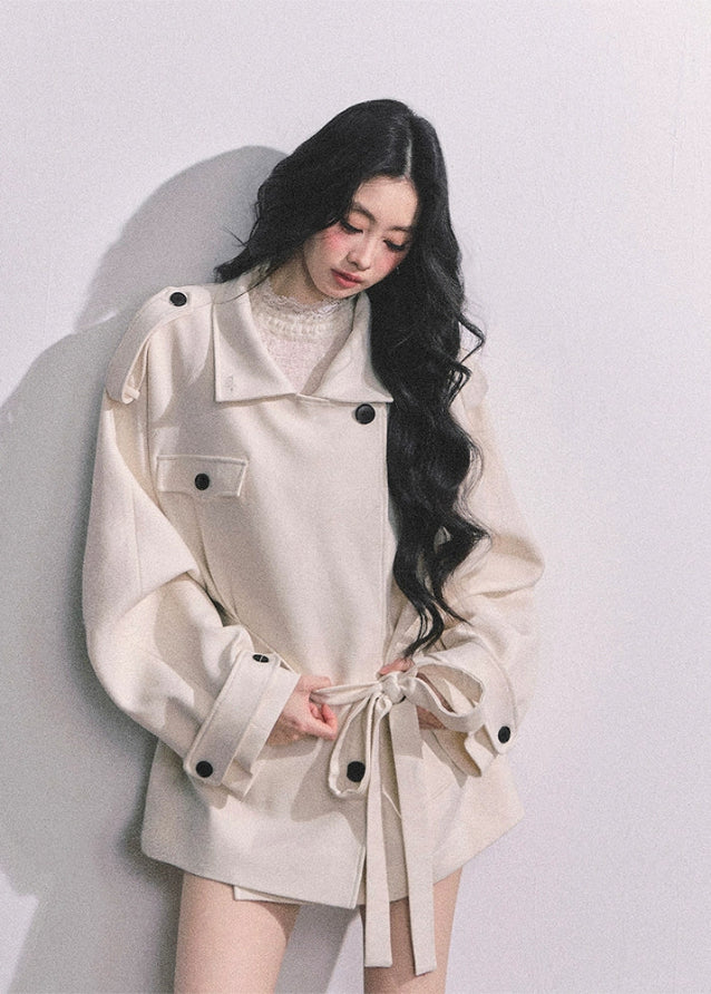 french wool coat women, english style wool jacket, ivory belted winter coat, oversized slimming wool coat, high end woolen coat women, fw25 winter outerwear, loose wool wrap coat, korean ivory wool coat, elegant winter wool jacket