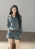 Washed denim jacket and shorts two-piece set