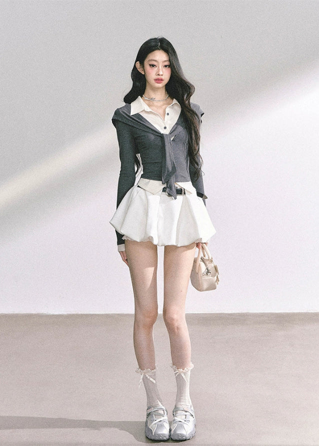 korean fake two piece top, korean long sleeve polo shirt women, seoul fashion streetwear top, korean aesthetic preppy top, slim fit layered polo shirt, british inspired korean fashion, hot girl slim waist top, korean fall fashion long sleeve, polo collar slim top women, korean art student outfit, elegant french style layered top, korean modern street chic top, layered illusion knit top, korean preppy fashion blouse, kfashion trendy two piece top