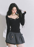 lace cutout top, asymmetric lace top, sexy lace longsleeve, Korean fashion top, Korean hot girl style, Korean streetwear top, lace detail knit shirt, cutout knit top, trendy black lace shirt, fall winter Korean tops, boutique lace top, French chic lace shirt, elegant cutout tee, women’s lace fashion top, Korean-American style top, off shoulder lace top, stylish long sleeve top, slim fit lace tee, aesthetic lace outfit