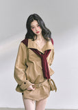french trench jacket, korean short trench coat, autumn outerwear women, seoul street style jacket, belted loose fit coat, stand collar windbreaker, hepurn fashion jacket, elegant french outerwear, korean fashion 2025, minimalist city coat, oversized chic jacket, trendy korean outfit, casual luxury jacket, nom alm style, korean modern trench