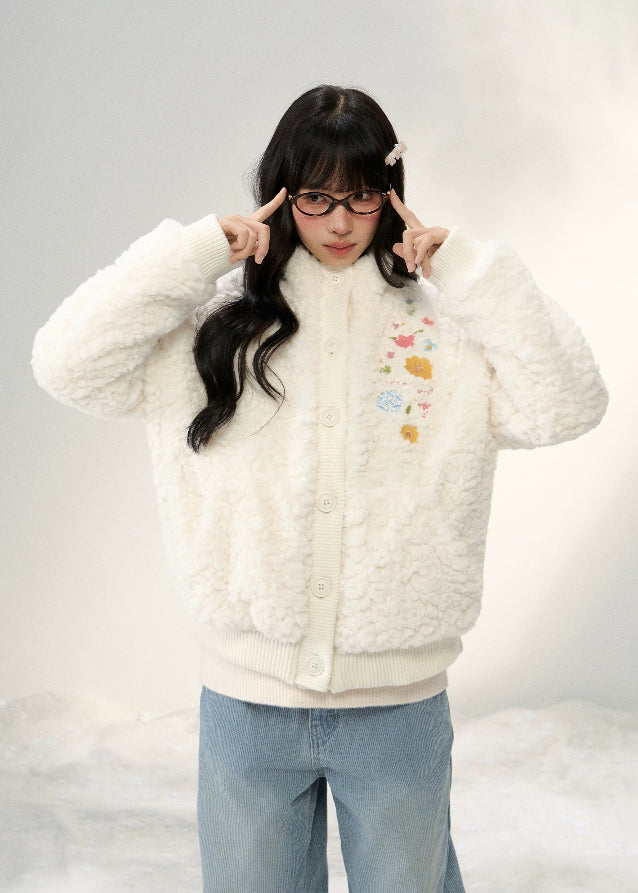 umoumo floral embroidery coat, embroidered fleece jacket women, korean cute fur jacket, stand collar fur coat, winter fuzzy jacket women, feminine korean style outerwear, soft warm sherpa coat, knitted panel embroidery jacket, kawaii winter coat, cozy floral fur jacket, pastel korean jacket, winter fashion 2025 women
