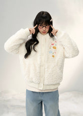 umoumo floral embroidery coat, embroidered fleece jacket women, korean cute fur jacket, stand collar fur coat, winter fuzzy jacket women, feminine korean style outerwear, soft warm sherpa coat, knitted panel embroidery jacket, kawaii winter coat, cozy floral fur jacket, pastel korean jacket, winter fashion 2025 women