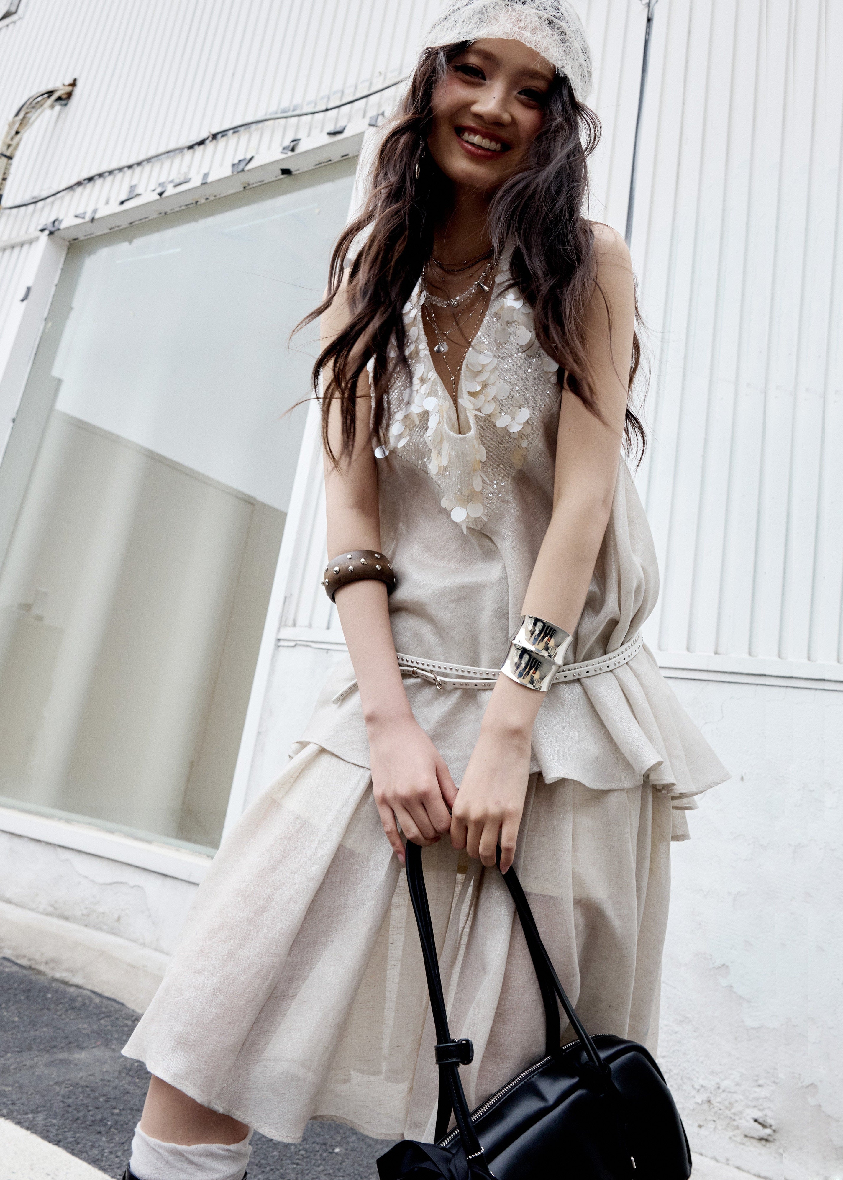 jnylon two piece set, halter skirt set, korean fashion set, white peach outfit, romantic summer set, sequin halter top, feminine skirt set, stylish korean outfit, textured two piece dress, summer occasion outfit, dreamy halter set