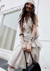 jnylon two piece set, halter skirt set, korean fashion set, white peach outfit, romantic summer set, sequin halter top, feminine skirt set, stylish korean outfit, textured two piece dress, summer occasion outfit, dreamy halter set