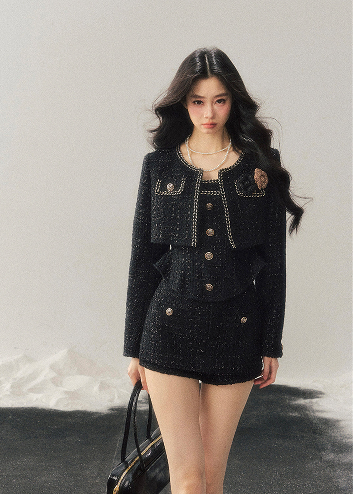 AOMALM, Korean feminine tweed set, winter three piece set women, French chic wool outfit, black tweed jacket skirt set, rich daughter style, elegant winter set, Korean fashion winter, feminine wool tweed, luxury winter outfit women, soft feminine aesthetic, classic black tweed, layered winter styling, boutique Korean brand, refined winter ensemble, slim silhouette winter set