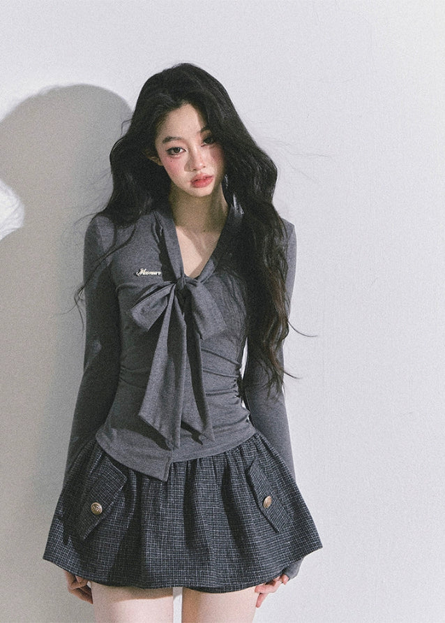 bow tie long sleeve top, ribbon collar shirt, slim fit knit top women, Korean bow top, French elegant bow blouse, waist slimming T-shirt, fall fashion ribbon top, fitted long sleeve tee, Korean American style top, trendy bow detail shirt, high waist slim top women