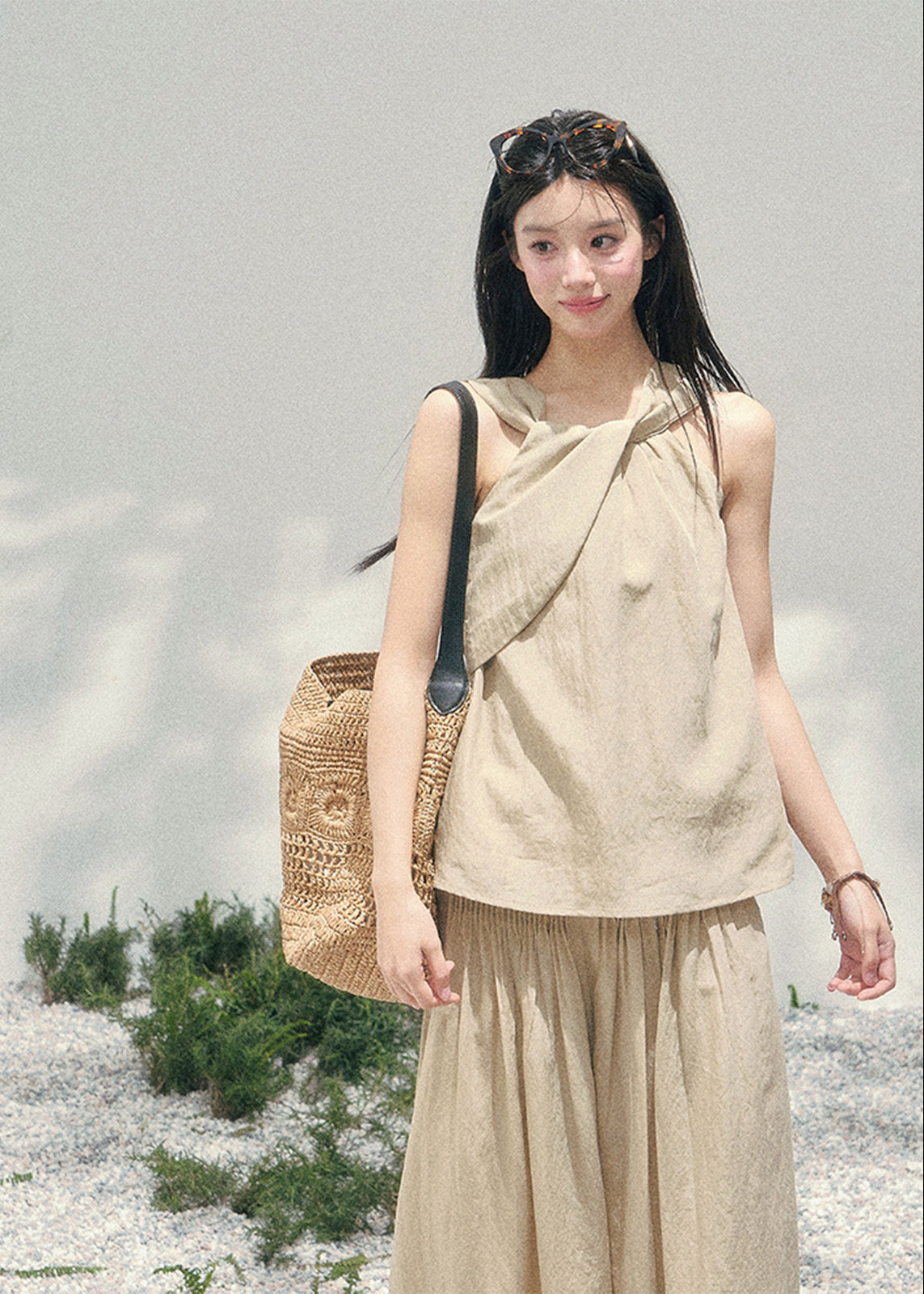 aomalm set, tencel two piece set, khaki summer set, korean fashion set, wide leg pants set, sleeveless top and pants set, feminine korean outfit, relaxed summer co ord, vacation outfit women, soft drape set, minimalist summer outfit, elegant casual set women