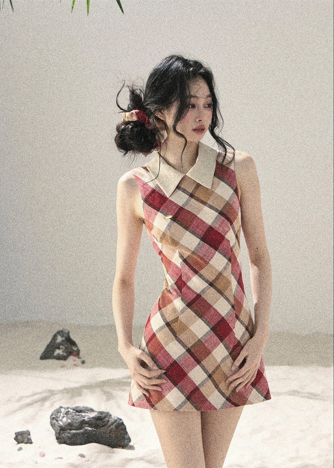 aomalm dress, plaid mini dress, polo collar dress, korean feminine dress, french vintage dress, diamond plaid dress, cotton summer dress, hip hugging mini dress, seaside summer dress, romantic plaid dress, korean summer fashion, feminine mini dress
