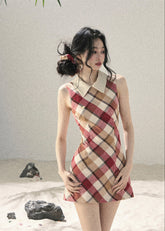 aomalm dress, plaid mini dress, polo collar dress, korean feminine dress, french vintage dress, diamond plaid dress, cotton summer dress, hip hugging mini dress, seaside summer dress, romantic plaid dress, korean summer fashion, feminine mini dress