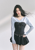 korean denim corset top, korean v neck long sleeve top, denim patchwork streetwear, korean hot girl outfit, trendy korean fall top, slim fit waist denim blouse, korean chic denim fashion, seoul style crop top women, off shoulder denim top korea, denim corset long sleeve women, modern korean streetwear top, korean aesthetic denim blouse, kfashion autumn top, urban denim streetwear outfit, korean stylish denim corset
