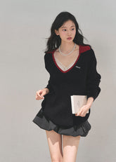 AOMALM sweater, V-neck knit top, college style sweater, Korean fashion sweater, wool knit women's top, winter knit pullover, feminine V-neck sweater, soft wool sweater, black knitted top, winter Korean style outfit, cute warm sweater women, campus style knitwear, deep V-neck pullover, trendy winter tops 2025, elegant knit sweater women, minimal chic sweater, soft warm knit top.