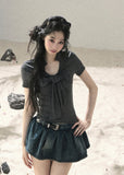 Charcoal cropped top with bow front detail