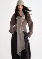 JNYLON earth tone shirt women, Korean stylish wide sleeve blouse, neutral long streamer shirt, modern Korean fashion shirt, chic natural style womenswear, long tie blouse Korean fashion, relaxed wide sleeve shirt women, trendy Korean street chic top, minimalist earth color blouse women, lightweight urban fashion shirt, Korean aesthetic long sleeve blouse, stylish neutral layering shirt