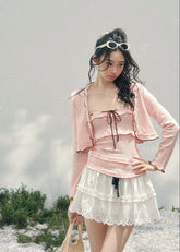 AOMALM bandeau twinset women, French romantic knit cardigan set, feminine spring two piece outfit, Korean elegant pastel knitwear, quiet luxury romantic outfit, Parisian inspired bandeau cardigan set, delicate layered knit top women, romantic Korean French aesthetic clothing, soft feminine spring twinset, refined luxury womenswear knit, elegant lightweight cardigan outfit, pastel romantic knitwear women, luxury Korean designer inspired set, feminine bandeau cardigan ensemble