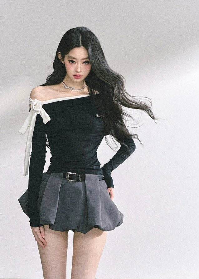 korean off shoulder ribbon top, korean hot girl long sleeve shirt, seoul street fashion top women, korean sexy slim fit long sleeve, off shoulder tie top women, korean modern chic top, korean autumn off shoulder blouse, kfashion minimalist street top, korean elegant bow top, seoul inspired off shoulder outfit, hot girl shoulder tie design, korean feminine streetwear, off shoulder stylish korean shirt, trendy long sleeve fall top, korean fashion black white slim top