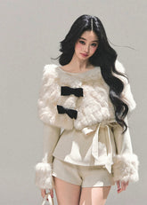 winter three piece set, fur cloak suit women, luxury holiday outfit, bow coat winter, white fur trim set, christmas light luxury clothing, winter shorts set, korean winter fashion suit, elegant fur cape outfit, fw25 womens coat set