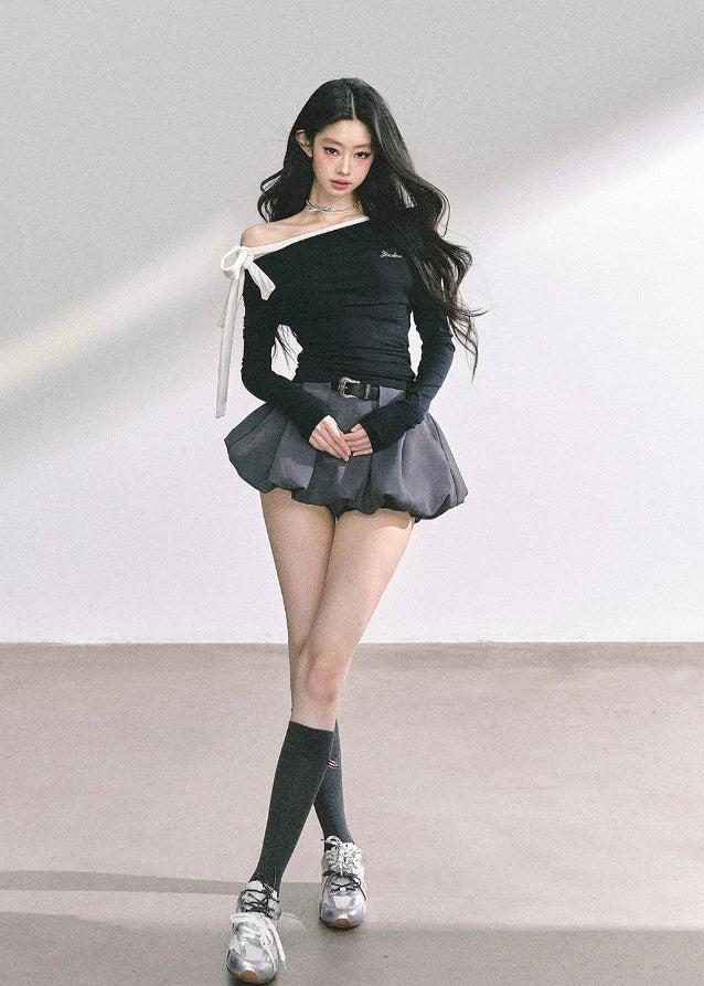 korean off shoulder ribbon top, korean hot girl long sleeve shirt, seoul street fashion top women, korean sexy slim fit long sleeve, off shoulder tie top women, korean modern chic top, korean autumn off shoulder blouse, kfashion minimalist street top, korean elegant bow top, seoul inspired off shoulder outfit, hot girl shoulder tie design, korean feminine streetwear, off shoulder stylish korean shirt, trendy long sleeve fall top, korean fashion black white slim top