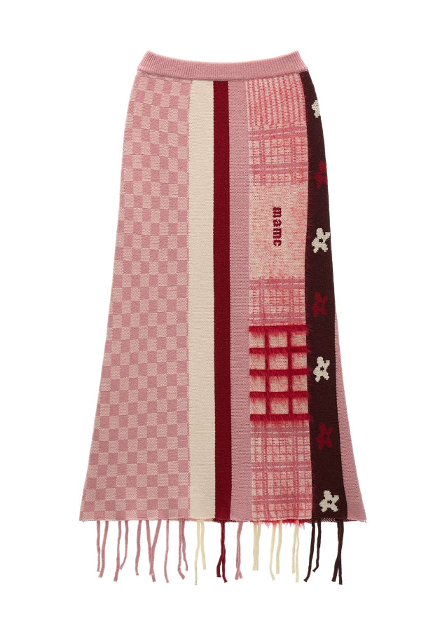 pink fringe plaid skirt, floral patchwork skirt women, spliced design slim mini skirt, niche autumn winter skirt 2025, korean street feminine style, romantic patch skirt women, cute core pink plaid skirt, slimming high end skirt women, nowa tokyo niche fashion skirt
