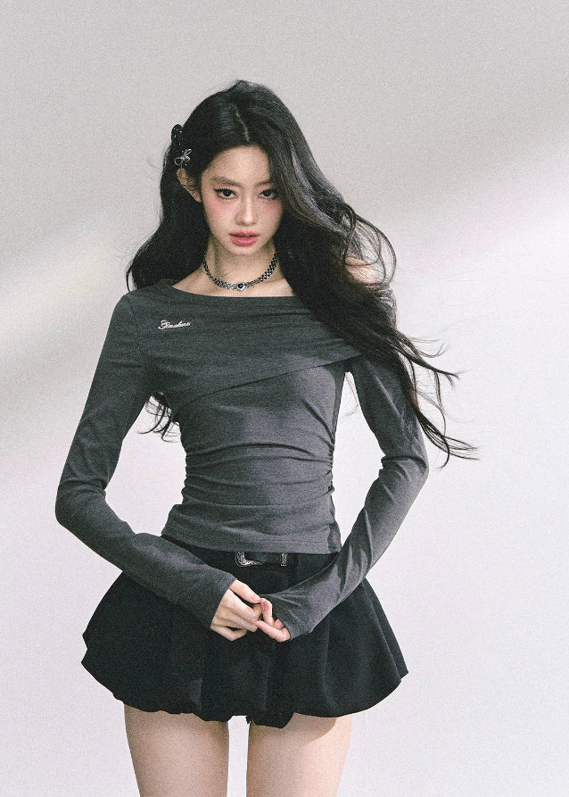 korean off shoulder long sleeve, korean hot girl top women, minimalist korean streetwear top, off shoulder drape knit top, korean fall fashion slim top, seoul style off shoulder shirt, korean aesthetic blouse women, korean sexy minimalist top, chic korean long sleeve shirt, korean modern street outfit, off shoulder hot girl korean fashion, korean autumn fitted top, french chic off shoulder design, korean straight shoulder long sleeve, kfashion minimalist fall top