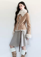 Fragileheart suede coat, faux fur jacket, winter Korean fashion, luxury feminine outerwear, plush shearling coat, quiet luxury womenswear, pastel noir aesthetic, elegant winter outfit, soft beige jacket, warm faux suede coat, K-fashion 2025, cozy luxury fashion, refined feminine look, modern winter style