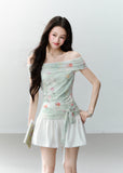 fragileheart top, floral off shoulder top, korean feminine top, mint floral top, slimming summer top, off shoulder t-shirt, romantic floral top, soft girl top, feminine korean fashion, summer date top, draped shoulder top, floral mesh top