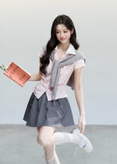 plaid layered top, korean campus top, sweet preppy top, pink plaid shirt top, faux layered blouse, feminine korean fashion top, fragileheart top, summer campus outfit, knit scarf top set, cute preppy summer top, soft girl korean top, honor student style top