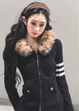 winter knit hoodie, faux fur collar sweater, Korean style knit top, AOMALM sweater, cable knit jacket women, fluffy hood knitwear, warm winter top, feminine winter fashion, Korean girly style sweater, long sleeve knit hoodie, cute winter outfits women, fur trim hood jacket, cozy knit zip sweater, soft cable knit top, trendy winter Korean fashion, warm knit hoodie women, faux fur winter clothing, elegant knit jacket