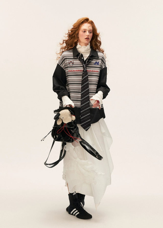 vintage patchwork striped polo, retro long sleeve polo women, loose fall lapel top 2025, striped patchwork shirt female, korean street polo top, casual retro long sleeve t shirt, autumn vintage stripe top women, relaxed fit polo shirt outfit, nowa tokyo street fashion