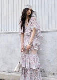 floral two piece set, ruffle maxi skirt set, korean fashion set, romantic floral outfit, vintage floral set, chiffon ruffle top, summer skirt set, feminine two piece outfit, resort wear women, elegant floral maxi set