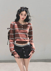 striped knit top, cropped polo shirt, vintage striped sweater, Korean fashion knit, AOMALM polo top, fall knitwear women, slimming crop top, long sleeve polo, American retro knit, Korean style tops, autumn fashion women, preppy knit top, waist-slimming shirt, striped crop fashion, aesthetic polo top, soft knit sweater, cute Korean outfit, polo collar knit, trendy fall tops, slim fit long sleeve top.