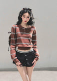 striped knit top, cropped polo shirt, vintage striped sweater, Korean fashion knit, AOMALM polo top, fall knitwear women, slimming crop top, long sleeve polo, American retro knit, Korean style tops, autumn fashion women, preppy knit top, waist-slimming shirt, striped crop fashion, aesthetic polo top, soft knit sweater, cute Korean outfit, polo collar knit, trendy fall tops, slim fit long sleeve top.