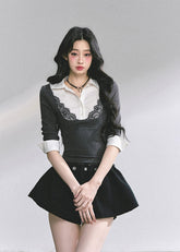 korean lace polo top, contrast lace collar blouse, fake two piece korean top, korean long sleeve lace shirt, elegant korean knit top, seoul fashion autumn 2025, korean layered blouse women, lace contrast polo shirt, preppy korean girl top, korean chic fashion blouse, slim fit lace top, korean office casual shirt, kfashion lace knit top, korean classy look, hot girl korean fashion