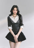 korean lace polo top, contrast lace collar blouse, fake two piece korean top, korean long sleeve lace shirt, elegant korean knit top, seoul fashion autumn 2025, korean layered blouse women, lace contrast polo shirt, preppy korean girl top, korean chic fashion blouse, slim fit lace top, korean office casual shirt, kfashion lace knit top, korean classy look, hot girl korean fashion