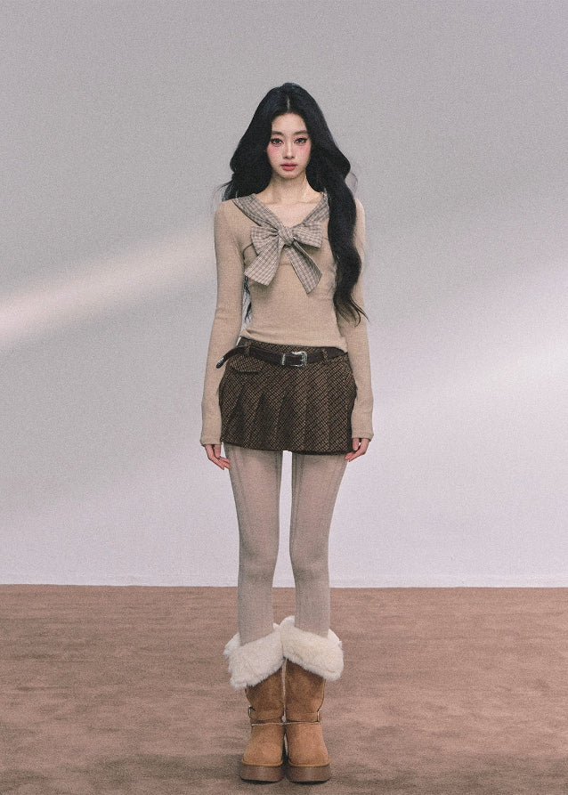 plaid bow knit top, fake two piece top women, preppy style knit shirt, french bow sweater, korean fashion knitwear, autumn slim knit top, check ribbon long sleeve, layered look knit top, cute bow top women, elegant knit blouse, fall winter knit top