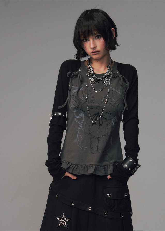 shadow lace top, gothic bow print shirt, dark lace graphic tee, street punk knit top, slim long sleeve t-shirt women, FRAGILEHEART top, asian inspired lace print top, charcoal gothic tee, edgy knit base layer, bow lace long sleeve shirt