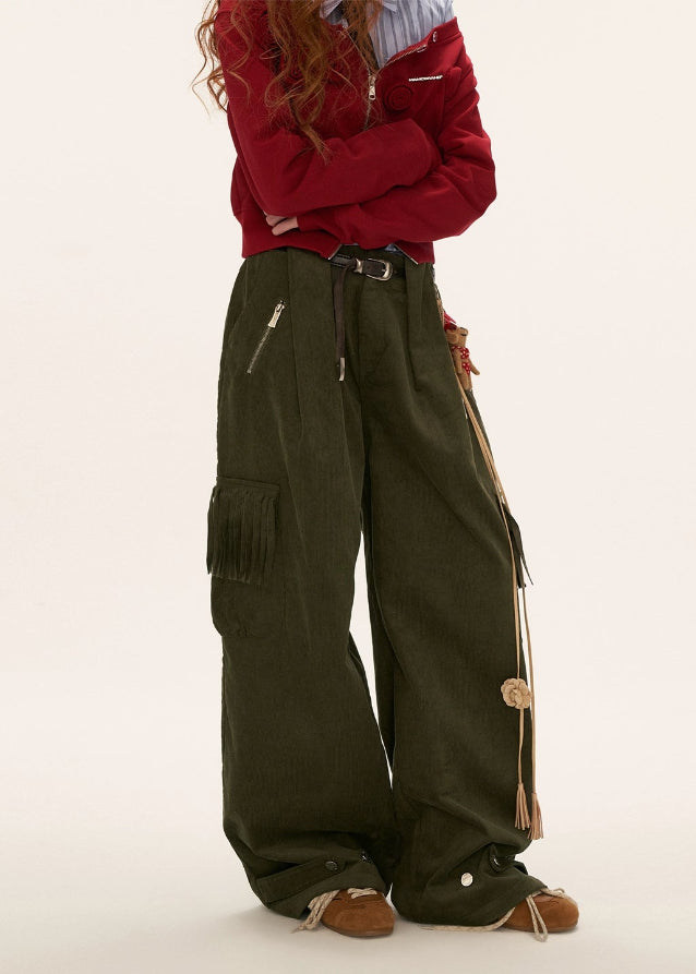 fringe pocket corduroy pants, retro corduroy trousers women, loose straight fall pants, american vintage slacks women, fw2025 streetwear pants, wide leg retro cord pants, korean retro fashion women, casual fringe pocket trousers, nowa tokyo vintage street style