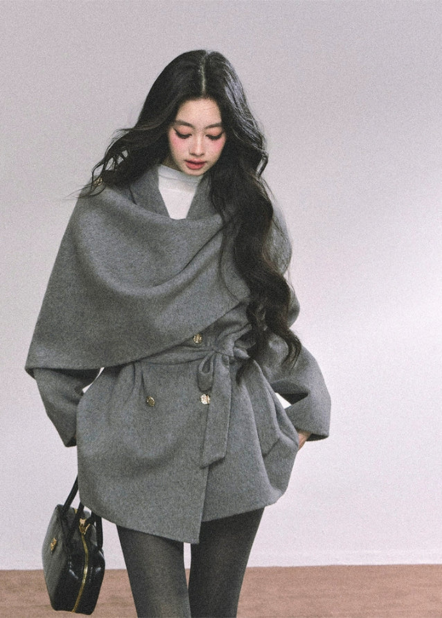reversible wool coat women, french style wool jacket, draped shawl wool coat, winter warm woolen coat, grey wrap wool coat, loose wool jacket autumn winter, fw25 wool outerwear, double sided wool coat, elegant winter coat women