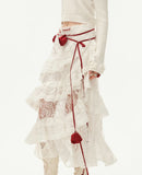 Lace layered gauze midi skirt