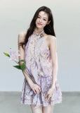 fragileheart dress, floral halterneck dress, pink floral mini dress, korean feminine dress, romantic summer dress, vintage floral dress, scarf neck mini dress, lilac floral dress, soft girl summer dress, feminine date dress, floral korean fashion, halterneck short dress