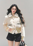 korean plush jacket women, cream wool padded coat, thickened winter jacket, skinny fit winter top, ivory fluffy jacket, warm padded sweater coat, fw25 korean fashion, soft plush winter coat, wool blend padded top, winter korean outerwear